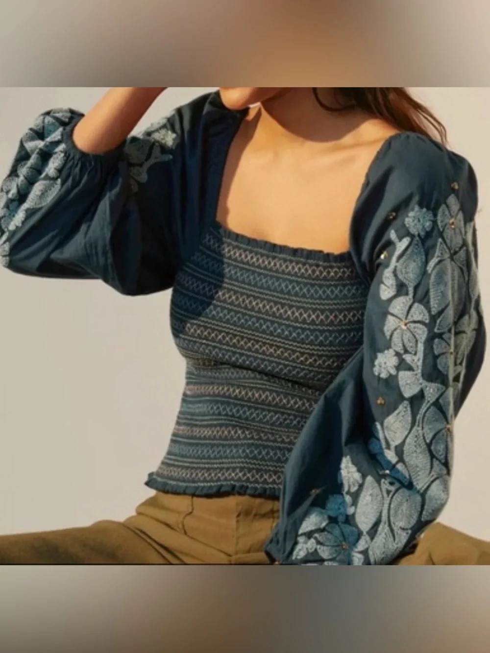 Anthropologie Smocked Embroidered Square Neck Puff Sleeve Sequin Boho Peasant
